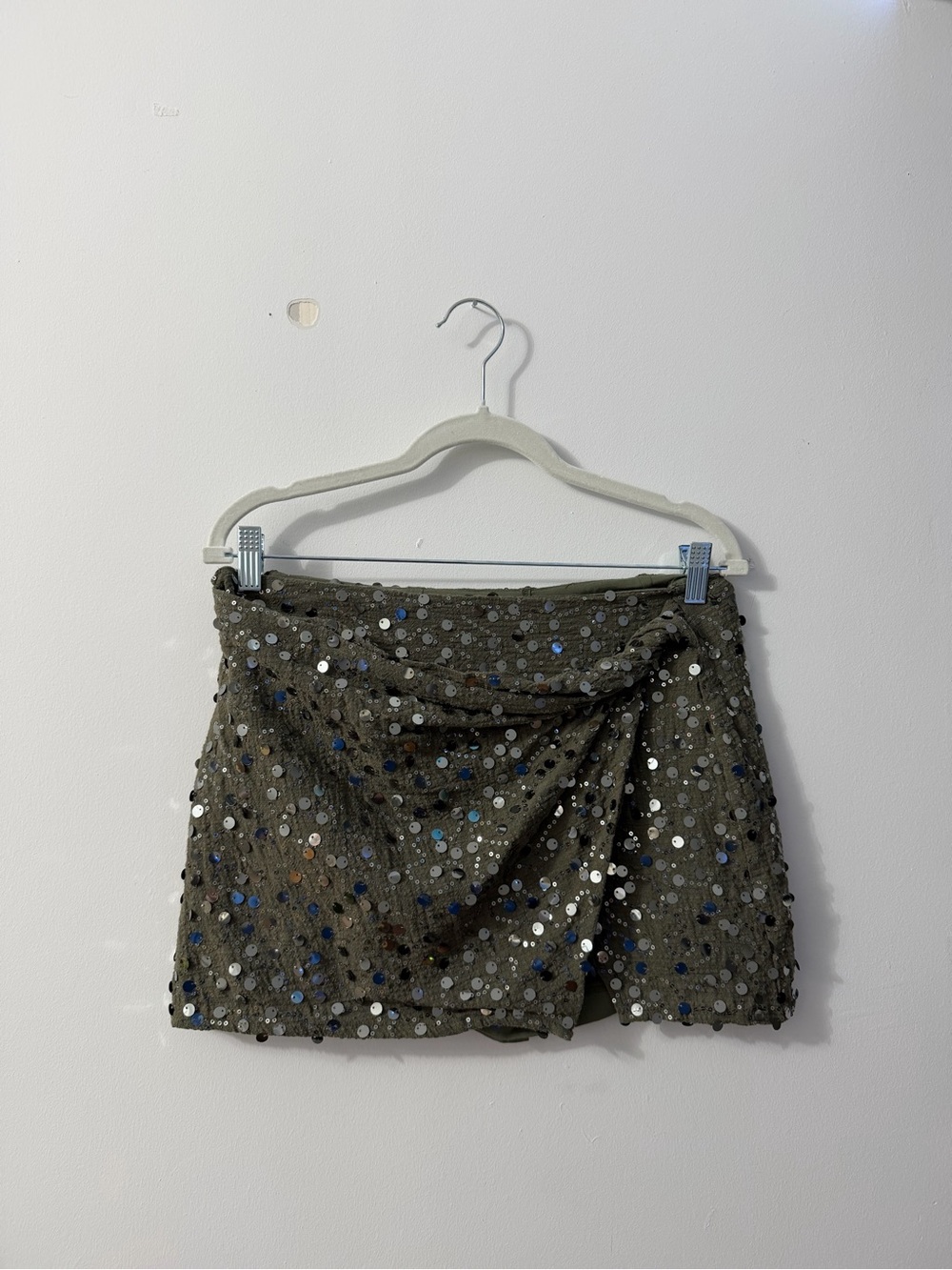 Zara Olive Green Sequin Wrap Mini Skirt
